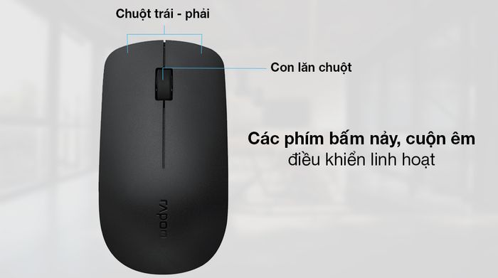 Chuột không dây Rapoo M20 Plus Đen - Thiết kế con lăn cuộn êm, chuột trái - phải thao tác nhẹ nhàng, độ nảy cao