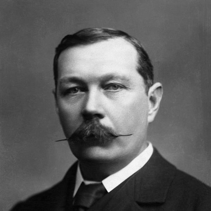 A photograph of Sir Arthur Conan Doyle is shown