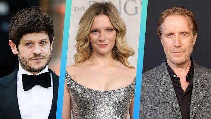 From left to right: Iwan Rheon, Morfydd Clark, and Rhys Ifans.