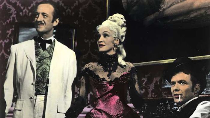 (From left to right) David Niven, Marlene Dietrich, and Frank Sinatra in 'Around the World in 80 Days' (1956).