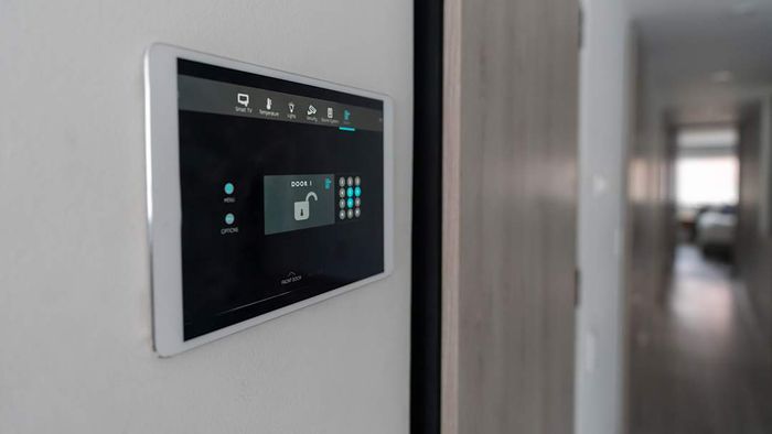 A close-up view of an automated security system securing a home’s front door.