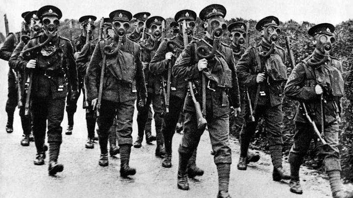 A military unit equipped with gas masks during World War I.