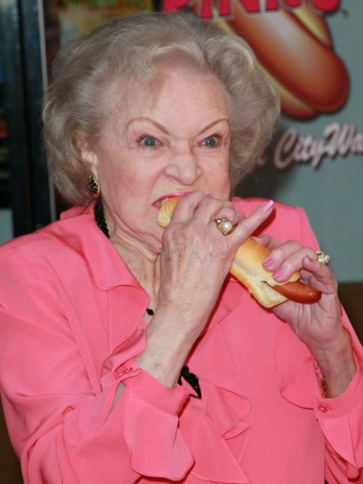 Betty White enjoying a hot dog in 2010.
