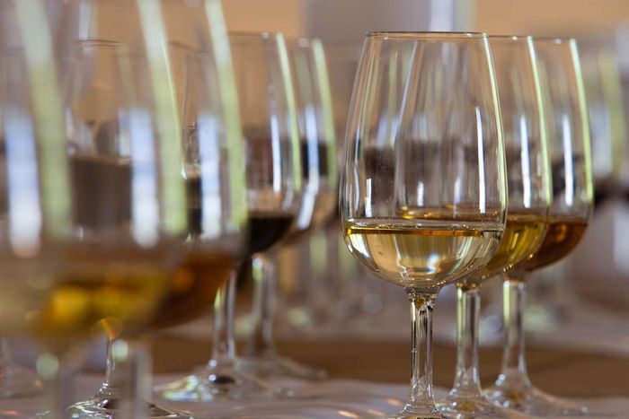 Glasses filled with sherry.