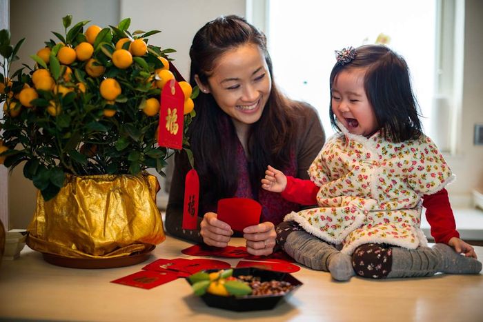 A young mother holding a red envelope while decorating a traditional tangerine tree with her toddler daughter for Chinese New Year.