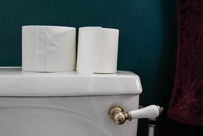 A toilet with two rolls of toilet paper on top.
