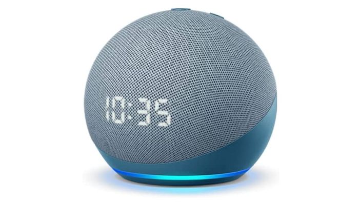 Echo Dot (4th Gen) Smart Speaker with Clock and Alexa against white background.