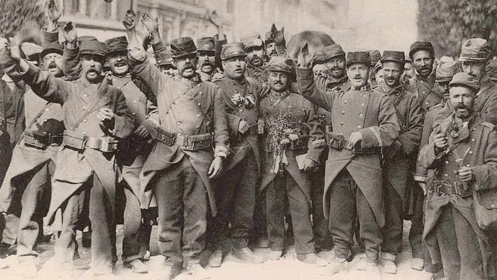 French soldiers singing the national anthem during World War I