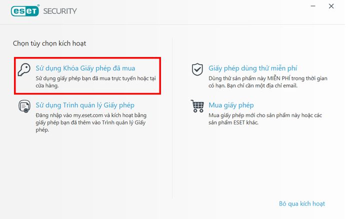 ESET NOD32 Antivirus cho Windows - Chọn nhập khóa giấy phép