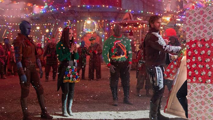 (From left to right) Karen Gillan, Pom Klementieff, Dave Bautista, and Chris Pratt appear in 'The Guardians of the Galaxy Holiday Special'.
