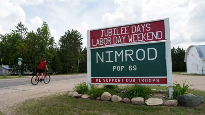 A sign marking Nimrod, Minnesota.