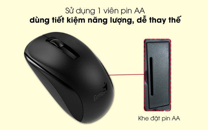 Chuột không dây Genius NX 7005 Đen - Tiết kiệm năng lượng khi vận hành chỉ với 1 viên pin AA