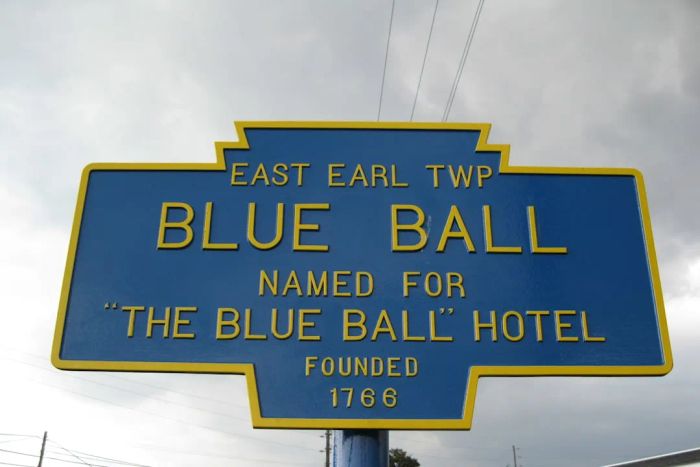 A sign marking Blue Ball, Pennsylvania.