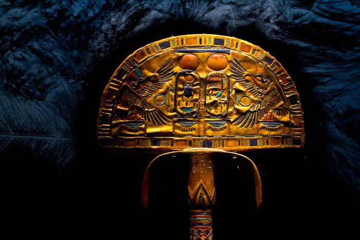 A golden fan displayed against a blue backdrop.