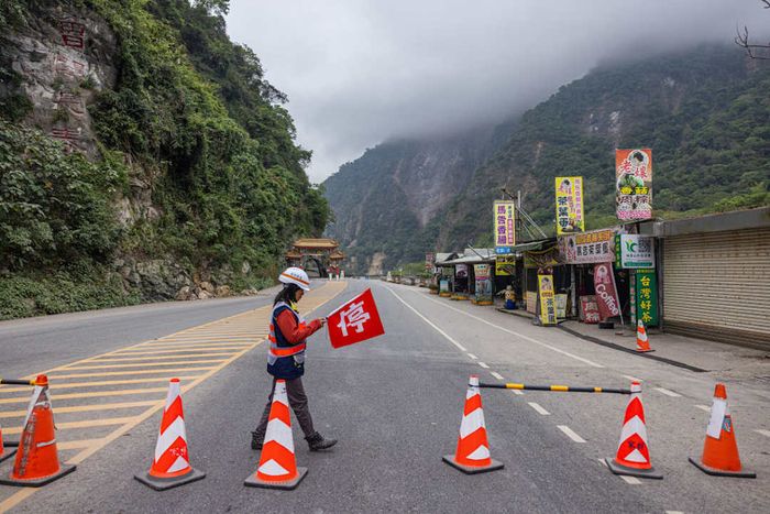 A road blocked off following a 7.5 magnitude earthquake that struck Taiwan in April 2024.