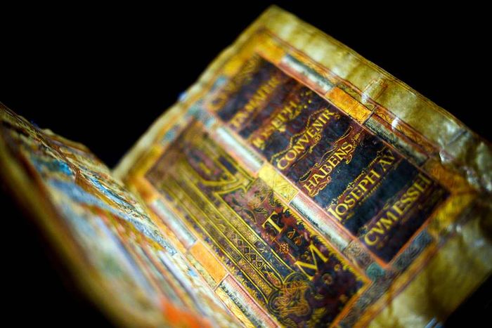 The Godescalc Gospels, an illuminated manuscript produced during Charlemagne’s rule, displayed at a German exhibition in 2014.