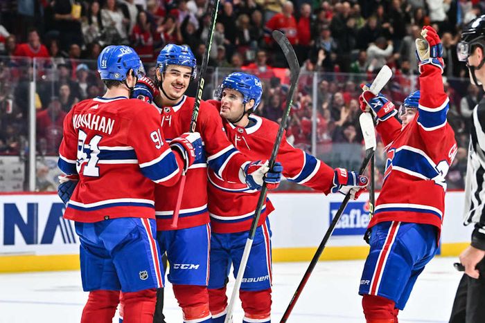 Cole Caufield, Arber Xhekaj, Chris Wideman, Sean Monahan