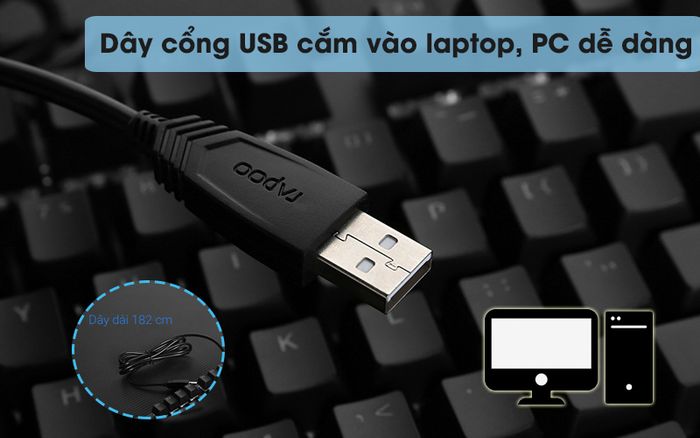 Bàn Phím Cơ Có Dây Gaming Rapoo V500 Pro Đen - Dây điện dài 182 cm, đầu USB cắm vào cổng USB trên laptop, PC dễ dàng
