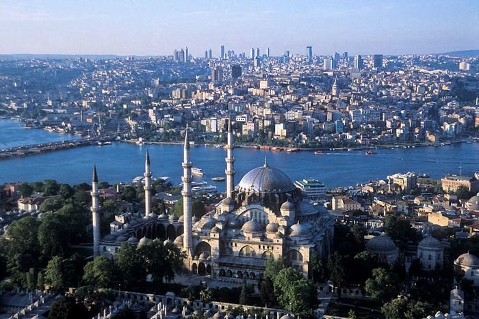 Turkey - Istanbul - Aerial view of the city featuring the Suleymanie Mosque and the Golden Horn in the foreground