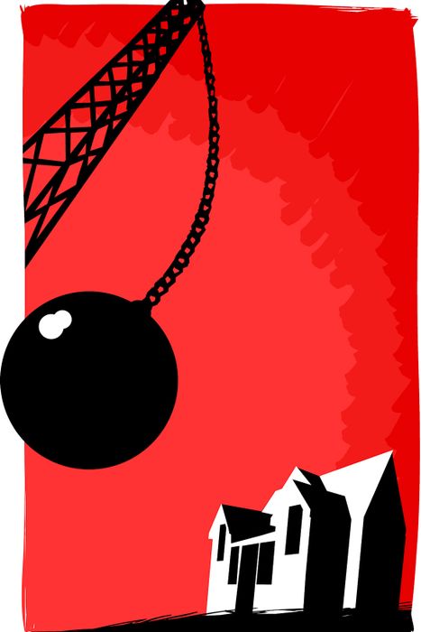 A dramatic illustration depicting a wrecking ball moments before it strikes a building