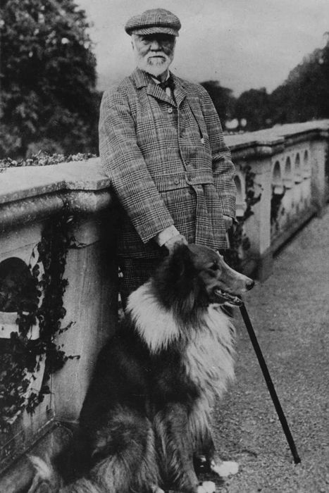 Andrew Carnegie posing with a collie.