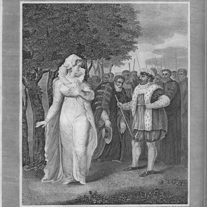 black and white drawing of Henry VIII with the chancellor who came to seize Katherine Parr
