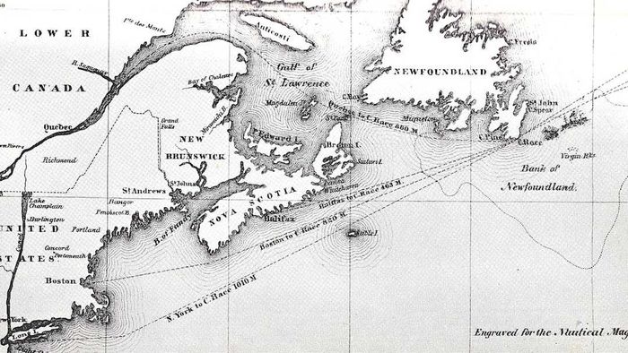 Map of the North-West Atlantic showing the collision site between the Arctic and Vesta on 27 September 1854