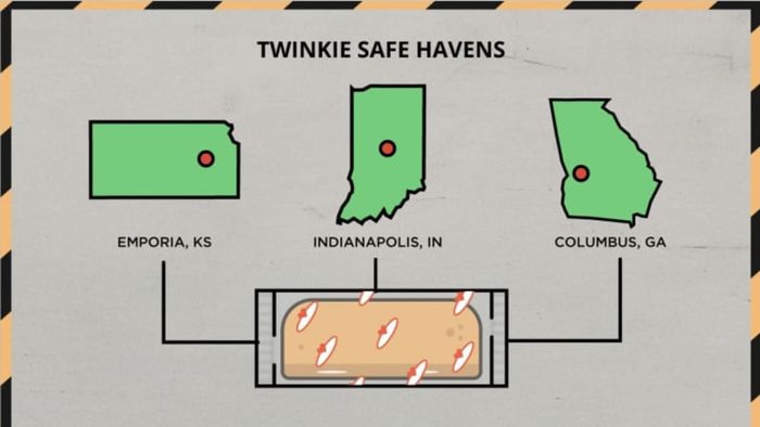 Illustration depicting Twinkie-safe zones during a zombie apocalypse.