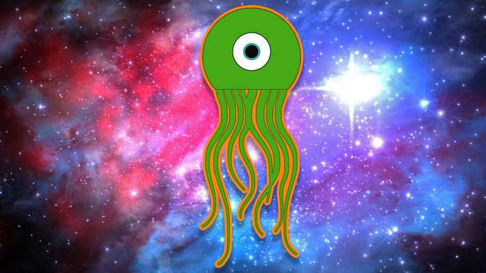 Depiction of a green, one-eyed alien with numerous tentacles.