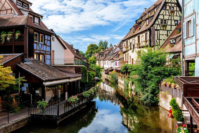 Half-timbered houses lining the waterways in Colmar, France