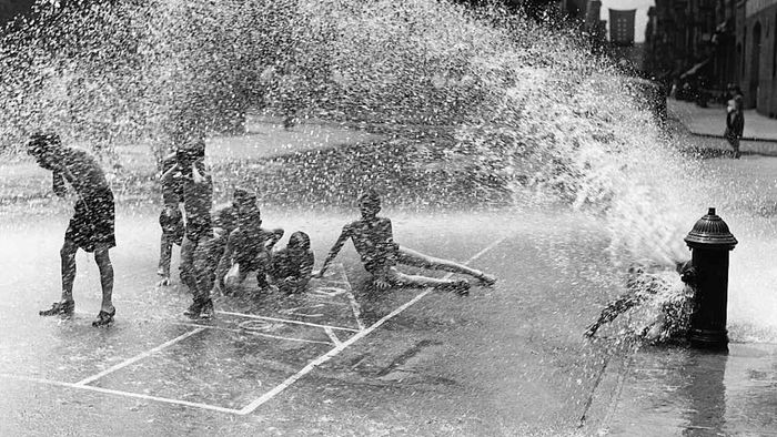 Children are seen enjoying themselves near a fire hydrant