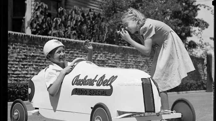 A soap box derby car is shown