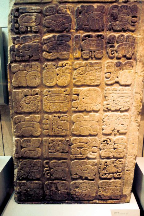 Mayan lintel depicting the nine generations of rulers at Yaxchilan, from 450-550 CE.