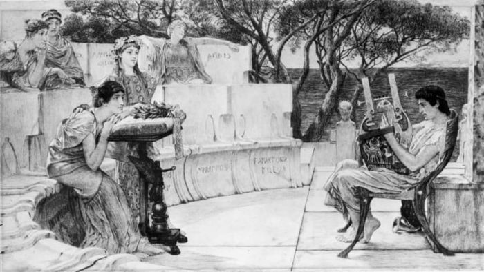 Around 597 BC, an engraving of the Greek poetess Sappho (650 - c.590 BC) created by Charles Oliver Murray.