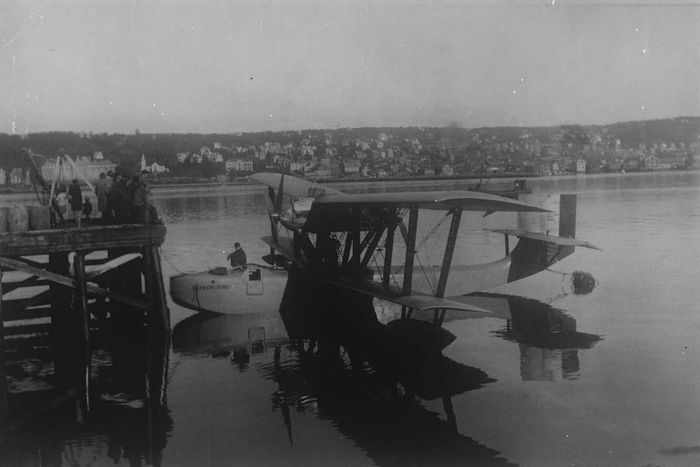 a photograph of Roald Amundsen's Latham 47 seaplane in the water
