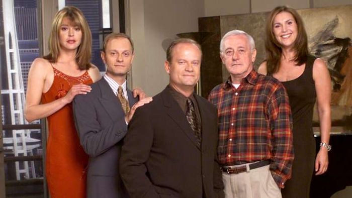 (From left to right) The 'Frasier' ensemble: Jane Leeves, David Hyde Pierce, Kelsey Grammer, John Mahoney, and Peri Gilpin.