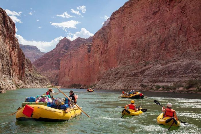 Individuals rafting and kayaking along the Colorado River within Grand Canyon National Park