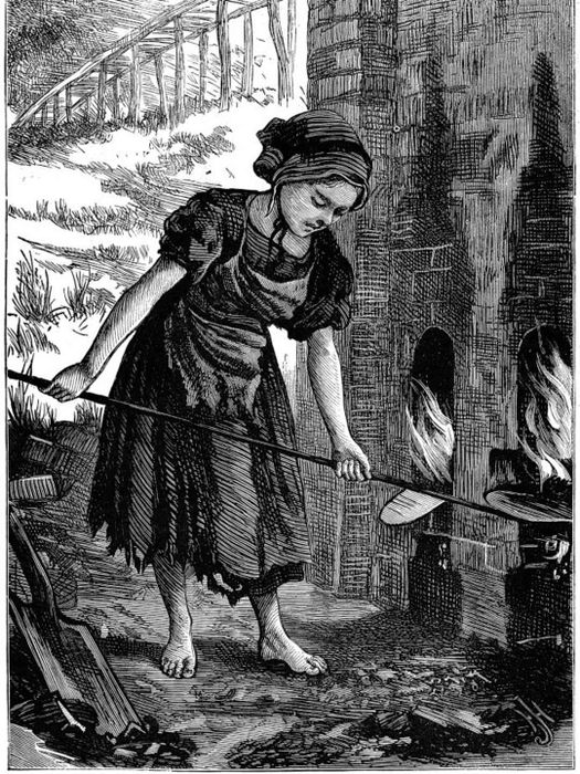 A young girl attending to the fire holes of a brick kiln, 1871.