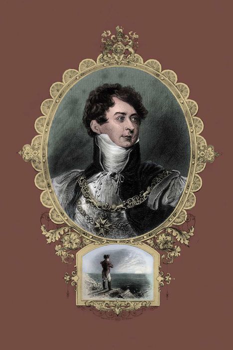 A depiction of the Prince Regent (above) and Napoleon in exile.