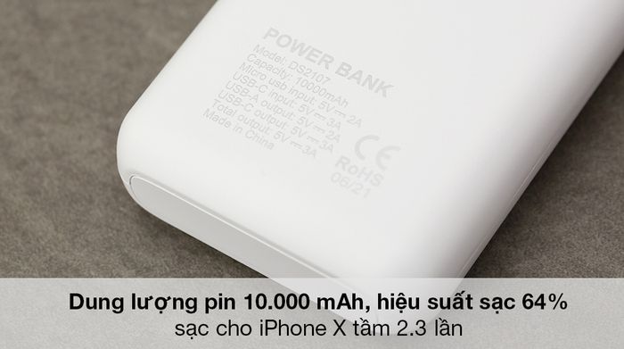 Pin sạc dự phòng Polymer 10000mAh Type C AVA+ DS2107 - Dung lượng pin 10.000 mAh, hiệu suất sạc 64%