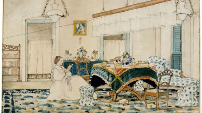 A 19th-century artwork depicting a woman reading beneath a punkah.