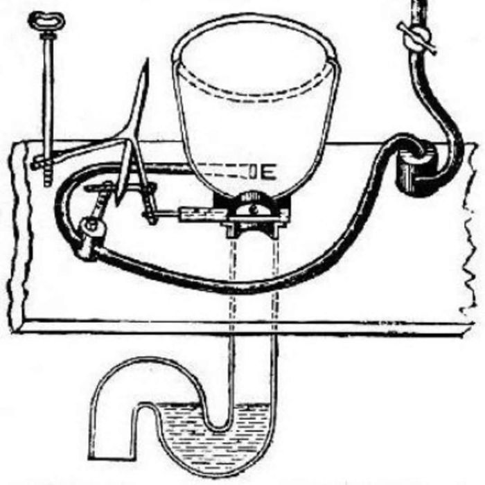The 1775 patent for a toilet by Alexander Cumming is shown here