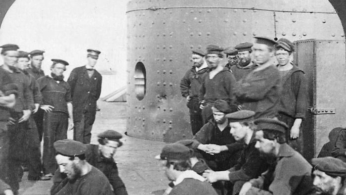 Crew members aboard the USS 'Monitor' are shown here