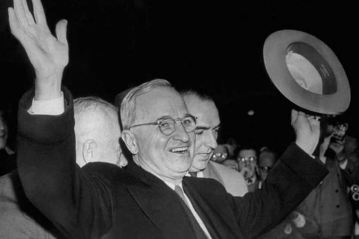 Harry S Truman rejoices over his reelection victory in Kansas City