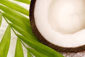 A relaxing coconut bath scene featuring a towel and palm leaf, evoking an exotic atmosphere.