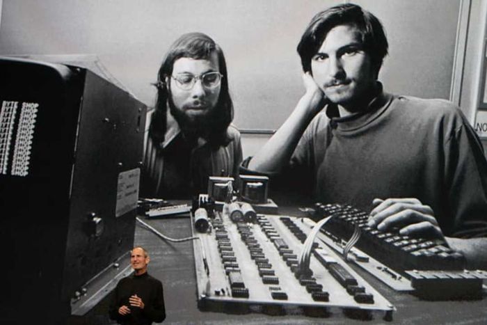 Apple co-founders Steve Wozniak and Steve Jobs during the company's formative years.