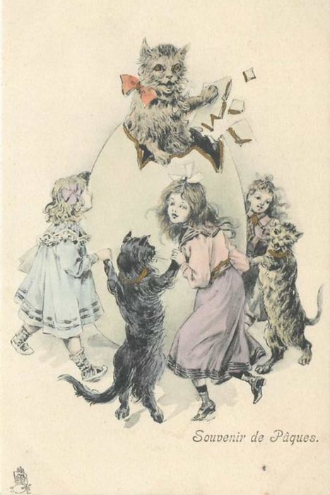 a giant cat steps out of an enormous egg, while three kids and two felines dance around it