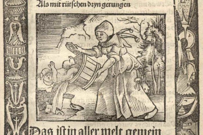 An illustration depicting a woman discarding a baby along with bathwater.