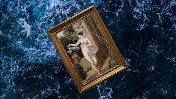 Blondel's masterpiece, 'La Circassienne au Bain,' was among the items lost with the 'Titanic.' A reproduction of this painting by John Parker has been carefully framed.