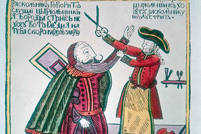 Peter the Great (1672–1725), Tsar of Russia, trimming the beard of a Boyar (nobleman).